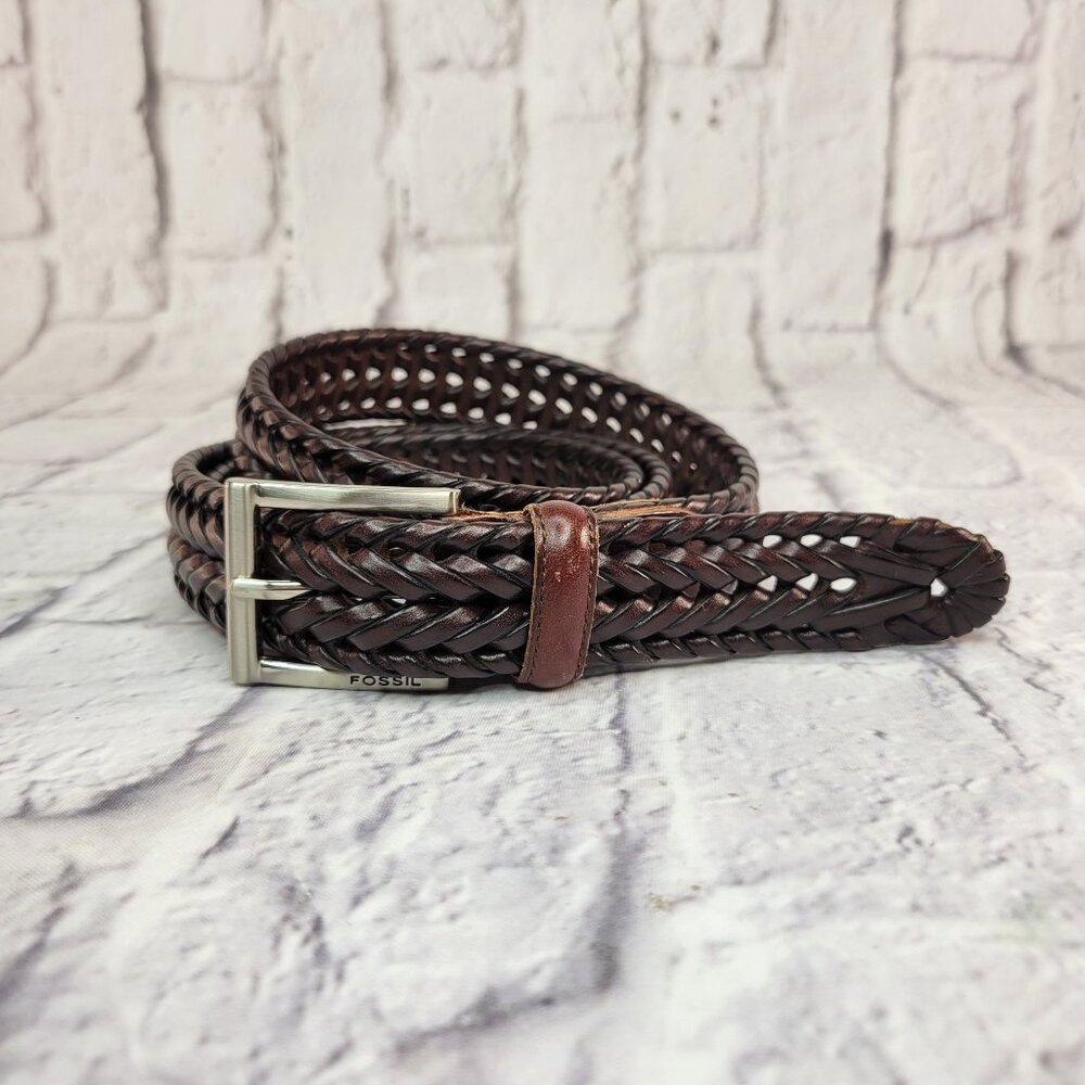 Vintage Fossil Braided Leather Belt Sz 44 Brown With Silver Tone Buckle Mint - Picture 2 of 13